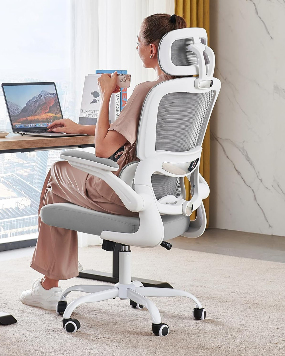 TRALT Office Chair Ergonomic Chair White Grey