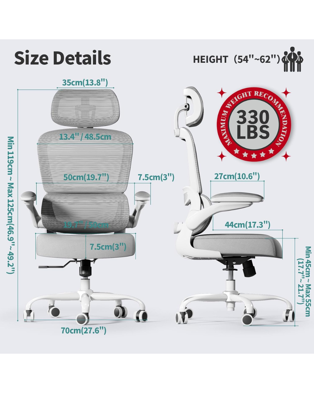 TRALT Office Chair Ergonomic Chair White Grey