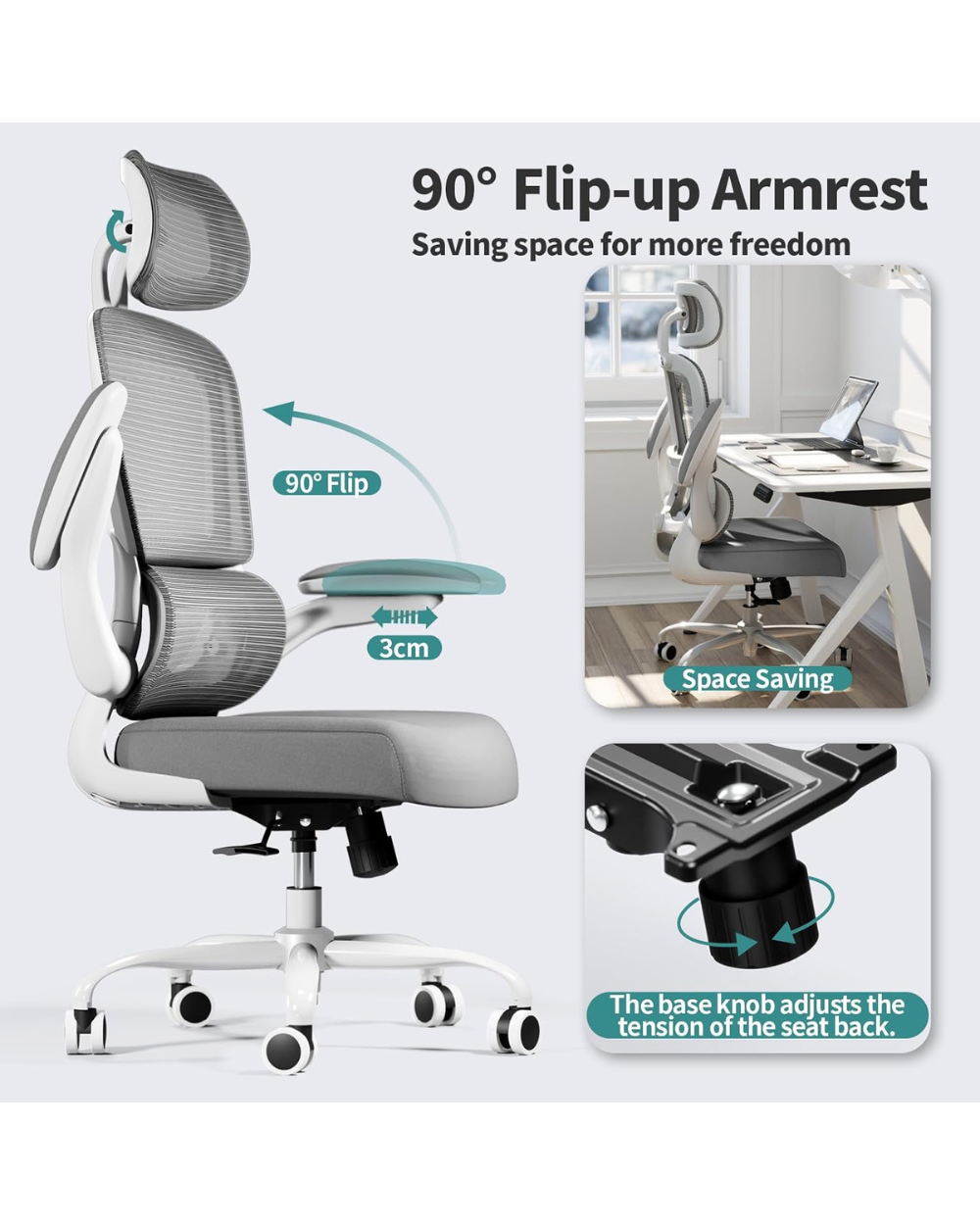 TRALT Office Chair Ergonomic Chair White Grey
