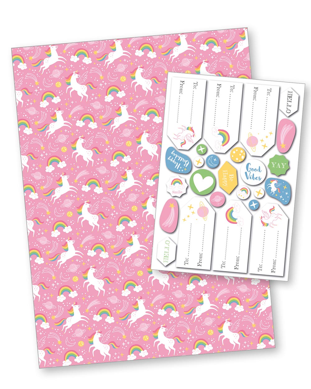 Unicorn pink gift wrapping paper sticker tags