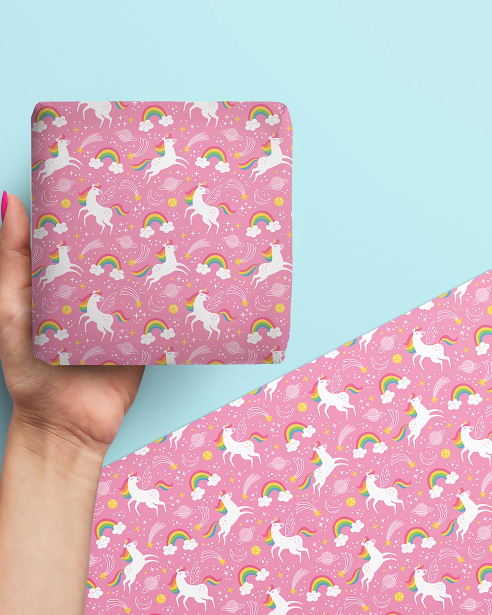 Unicorn pink gift wrapping paper sticker tags