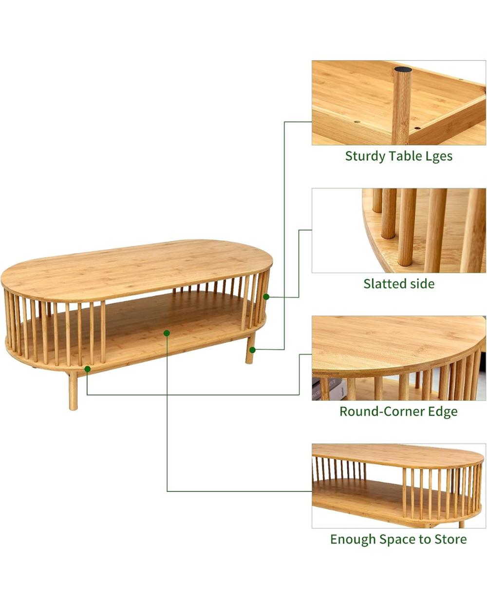VaeFae Oval Coffee Table Bamboo 2-Tier
