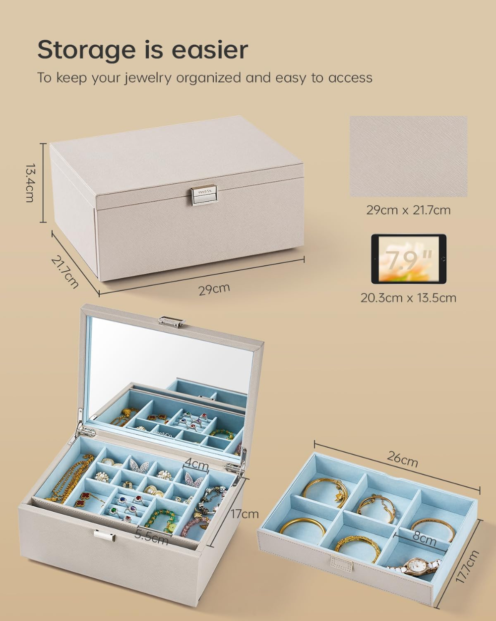 Vee Jewellery Box Organiser 2 Layers Grey