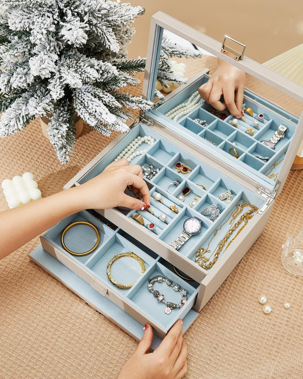 Vee Jewellery Box Organiser 2 Layers Grey