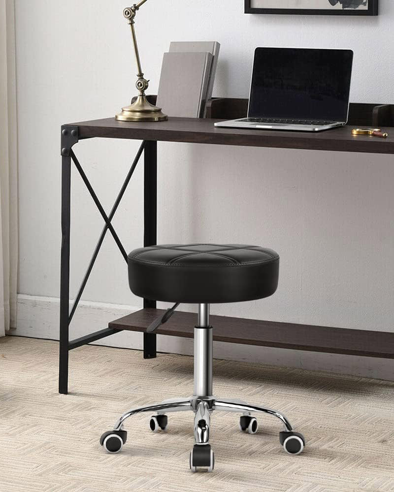 Round Rolling Stool Chair PU Leather Black