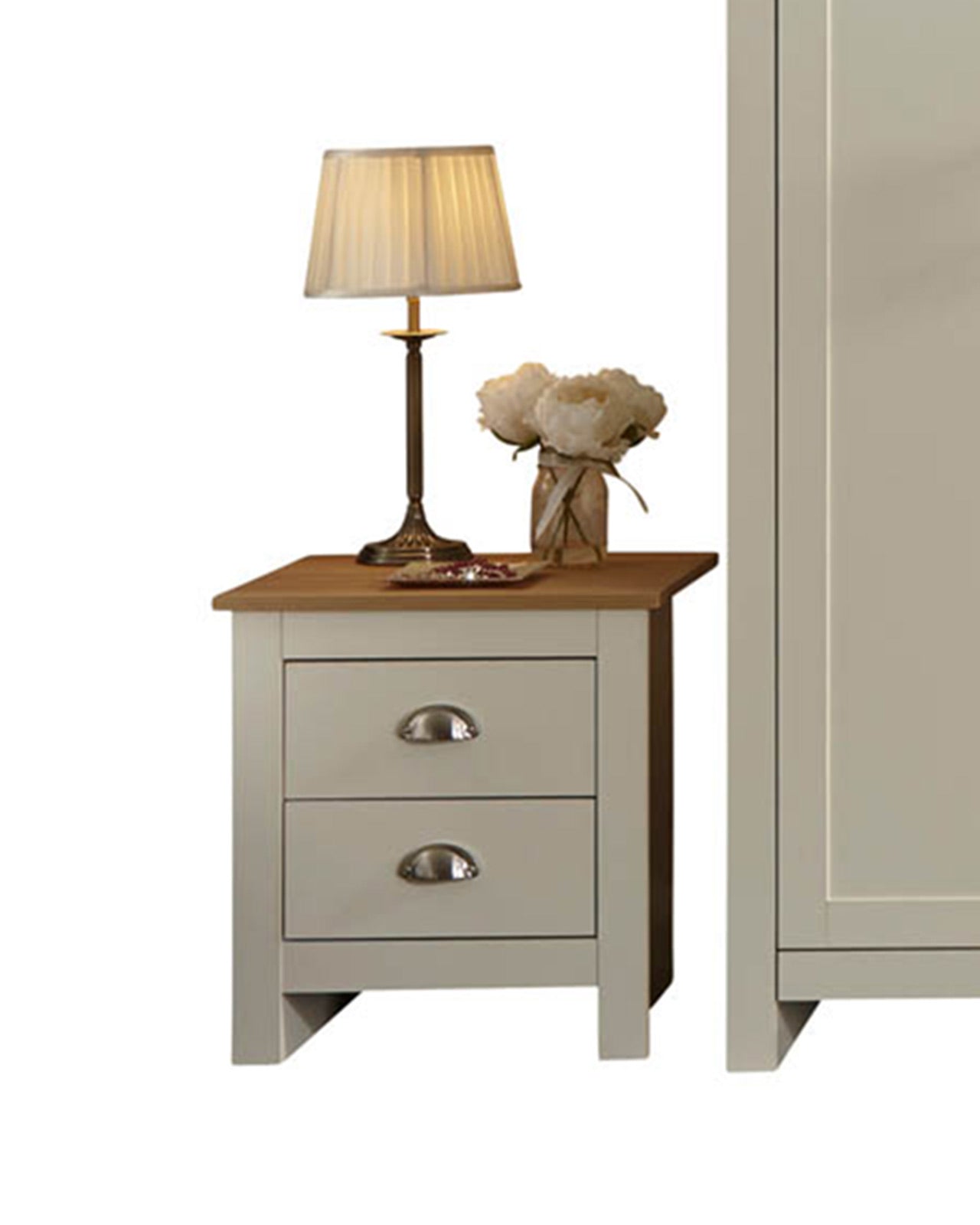 It’s easy to create a bedroom that showcases effortless chic, with this stylish four-piece furnishing pack. The shaker-inspired design exudes understated luxury. Comprising a three-door wardrobe, four-drawer chest and pair of neat lamp tables, each piece is finished in cream or grey foil with an oak top and brushed steel handles. A well-thought-out mix of hanging and flat storage that’s suitable for a double room.