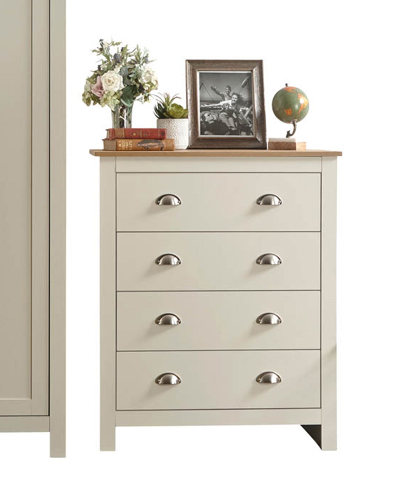 It’s easy to create a bedroom that showcases effortless chic, with this stylish four-piece furnishing pack. The shaker-inspired design exudes understated luxury. Comprising a three-door wardrobe, four-drawer chest and pair of neat lamp tables, each piece is finished in cream or grey foil with an oak top and brushed steel handles. A well-thought-out mix of hanging and flat storage that’s suitable for a double room.