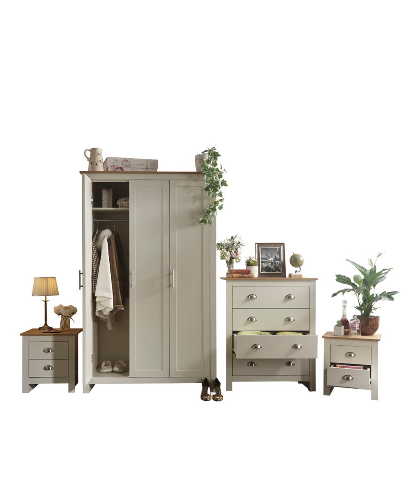 It’s easy to create a bedroom that showcases effortless chic, with this stylish four-piece furnishing pack. The shaker-inspired design exudes understated luxury. Comprising a three-door wardrobe, four-drawer chest and pair of neat lamp tables, each piece is finished in cream or grey foil with an oak top and brushed steel handles. A well-thought-out mix of hanging and flat storage that’s suitable for a double room.