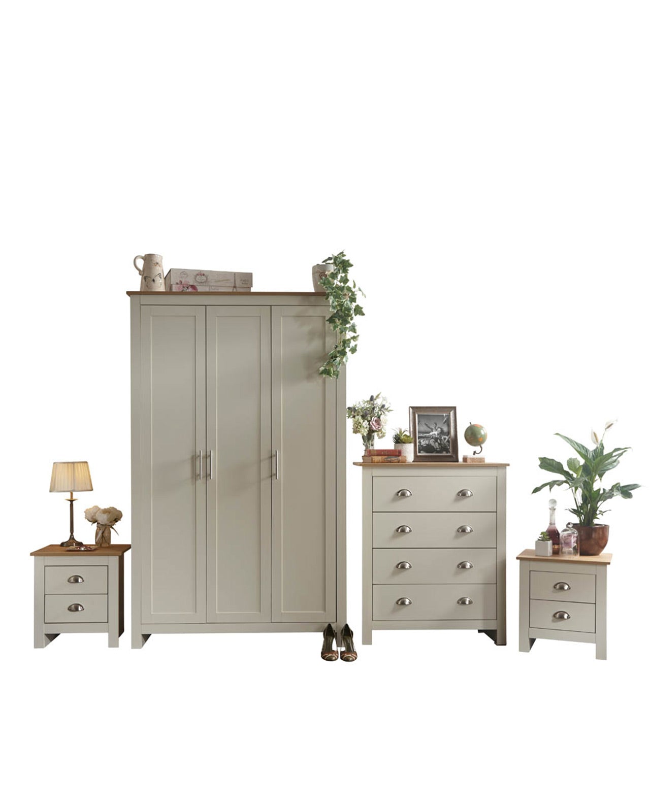 It’s easy to create a bedroom that showcases effortless chic, with this stylish four-piece furnishing pack. The shaker-inspired design exudes understated luxury. Comprising a three-door wardrobe, four-drawer chest and pair of neat lamp tables, each piece is finished in cream or grey foil with an oak top and brushed steel handles. A well-thought-out mix of hanging and flat storage that’s suitable for a double room.