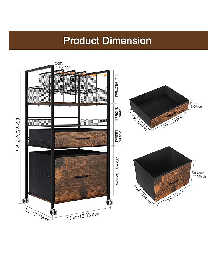 3 Tier Rolling Utility Cart with 2 Drawers Metal Black