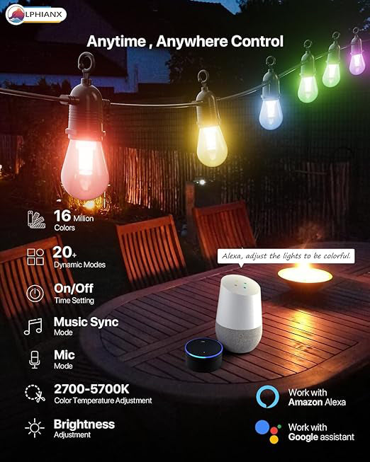 15 LED Outdoor String Lights with Remote APP Control 49FT