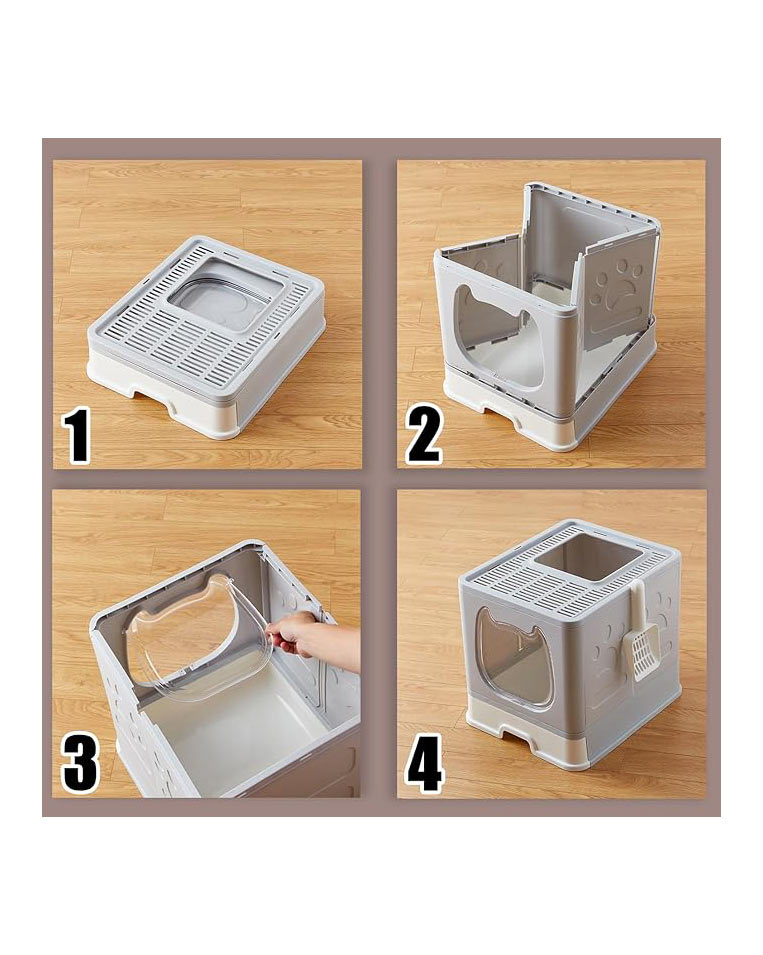 Kitten Cat Rabbit Foldable Litter Box Tray with Lid Grey
