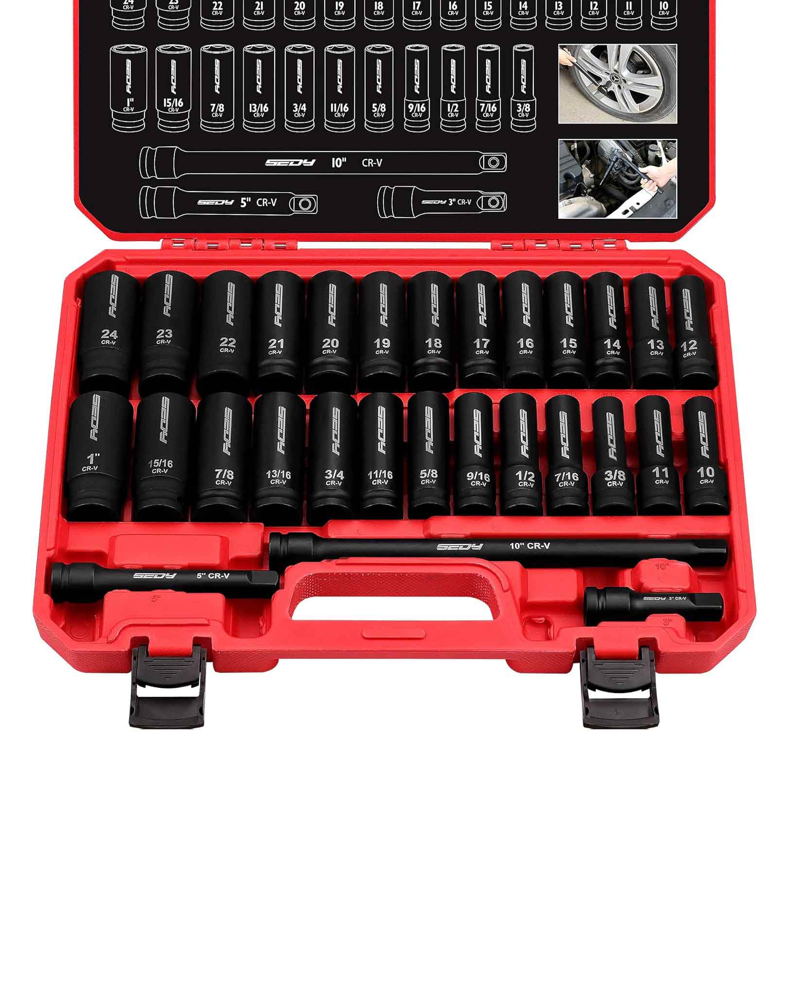SEDY 29 Piece 1/2" Drive Impact Socket Set 3/8 to 1 inch