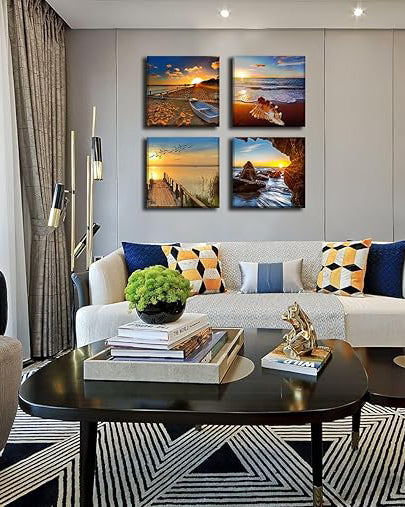 4 Panel Framed Sunrise Canvas Wall Art 16 X 16"