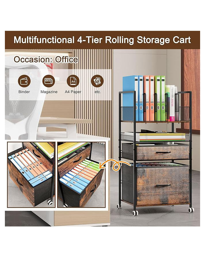 3 Tier Rolling Utility Cart with 2 Drawers Metal Black