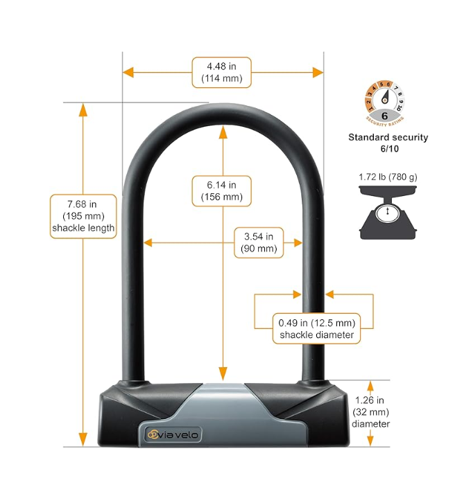 Via Velo Heavy Duty Anti-Theft Bike U-Lock with Cable