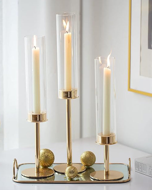 Gold Glass Candlestick Holders 3pcs 48/42/36cm 