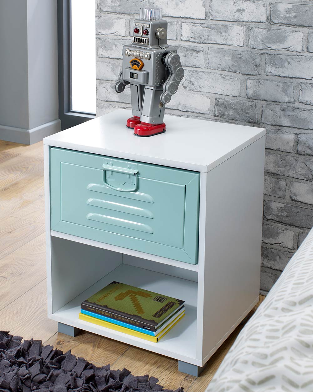 Industrial Bedside Table Retro White & Green bedside table side view
