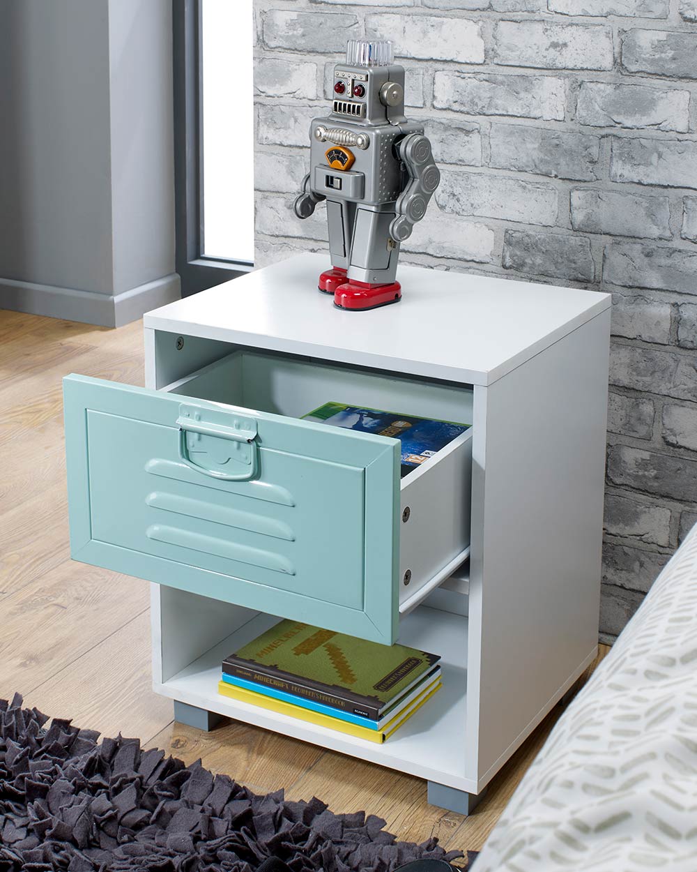 Industrial Bedside Table Retro White & Green side view with drawer open