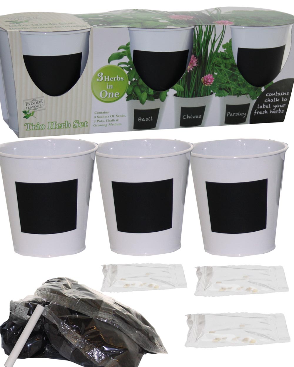 Grow Your Own Indoor Herb Kit is idea for anyone who likes to cook and likes to keep a selection of fresh herbs close to hand. Perfect to add to those wholesome and tasty home cooked meals.   This  herb kit is perfect for growing indoors. Simple place on your kitchen windowsill. Creating a beautiful display of the most popular cooking herbs at your fingertips.   The kit includes 3 sachets of seeds which include Basil, Chives and Parsley.
