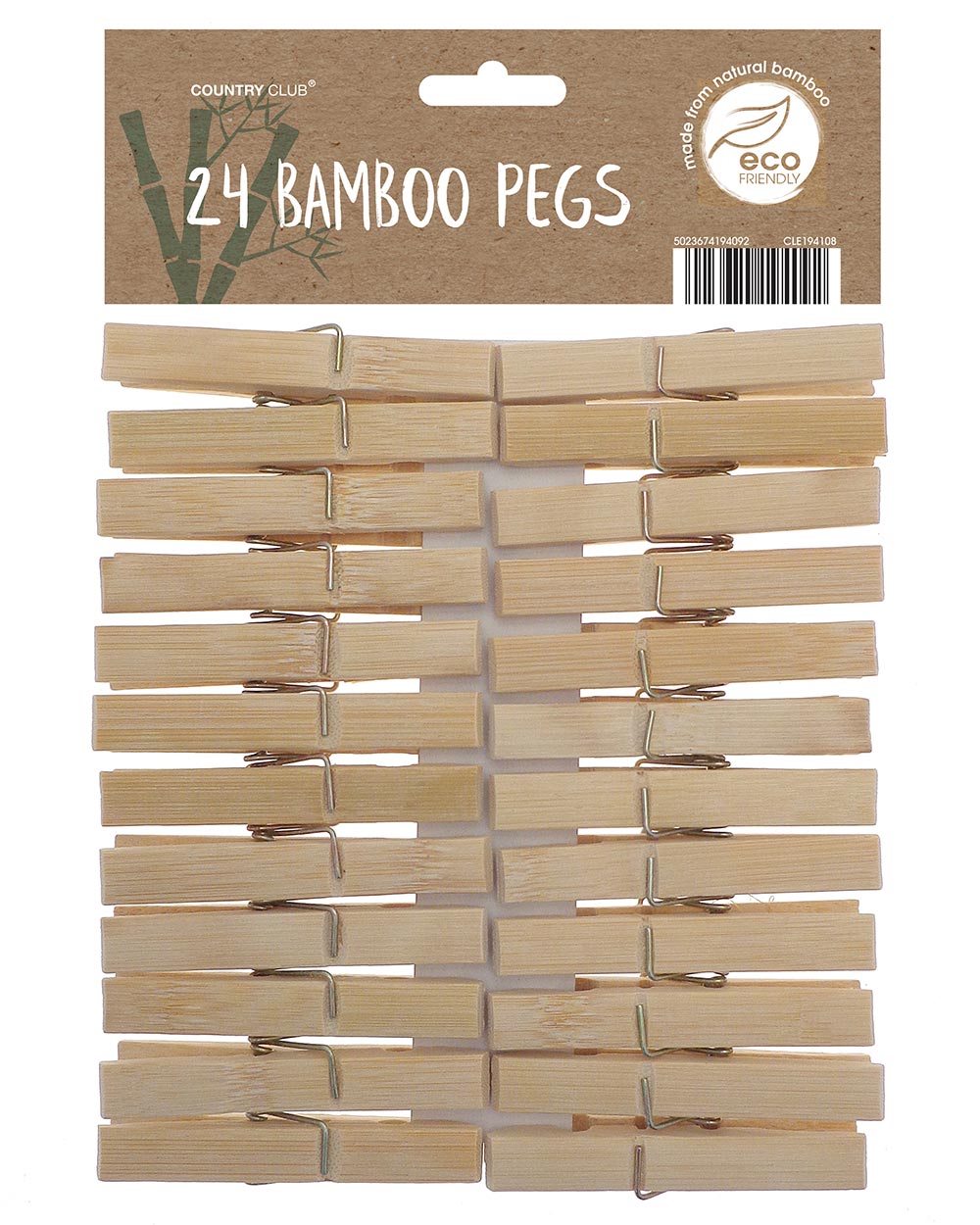 These bamboo clothes pegs are a sustainable alternative to plastic pegs. Made from bamboo which is bio-degradable and steel springs which are endlessly recyclable. 24 in a pack