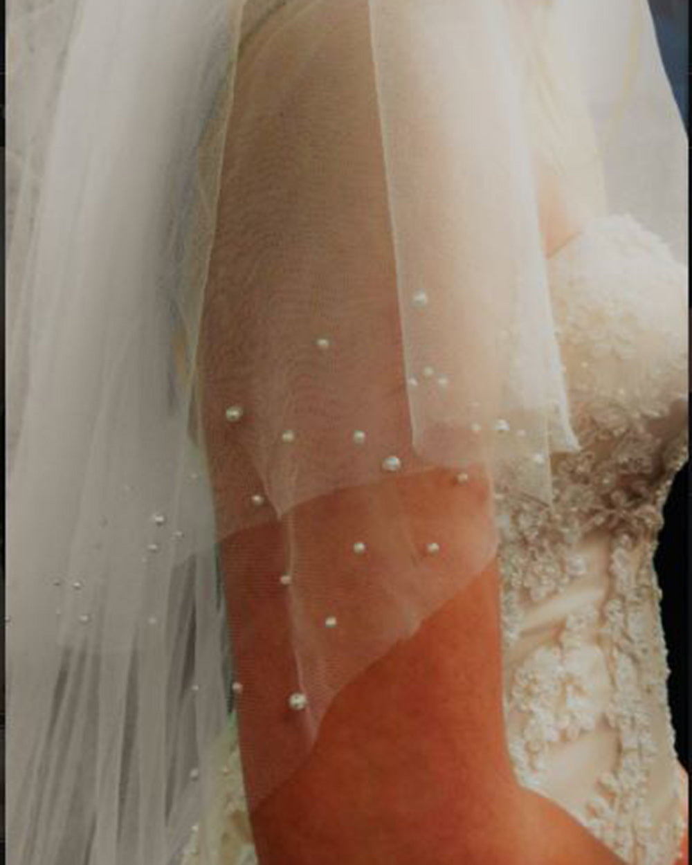 Wedding Veil 2 Tier Beaded Pearl Ivory