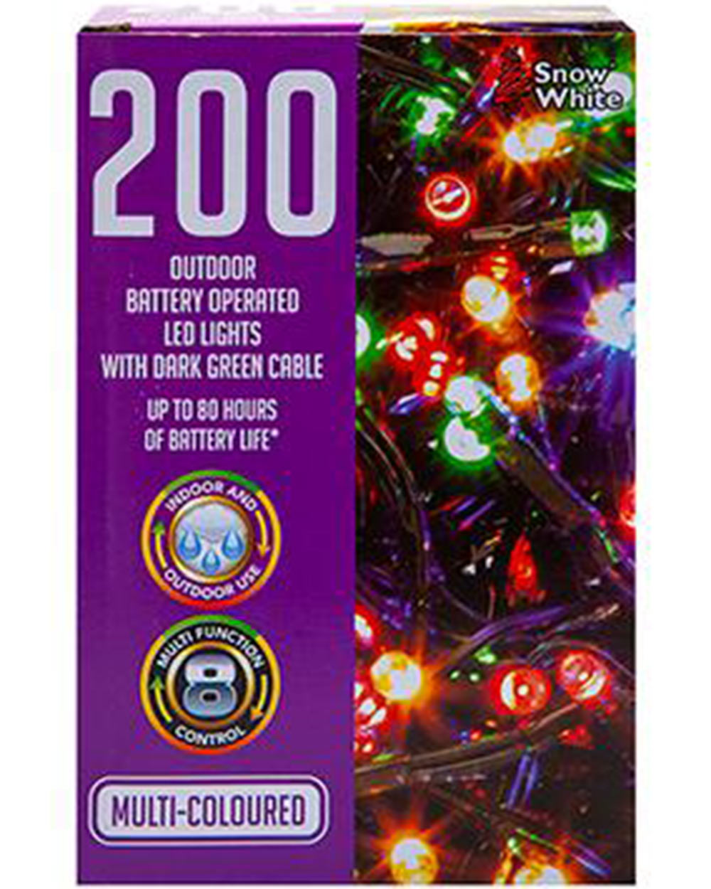 These Christmas LED lights are suitable to use indoor or outdoor use. The perfect lighting for decorating your home. These lights have 8 different settings and a timer control. The lights are battery operated so they can be set up anywhere as there is no need for a plug socket. These battery operated LED lights have up to 80 hours battery life. The lights require 4 x AA batteries (batteries not included). Each bulb is spaced 10 mm apart and has a 30 cm lead wire with a dark green cable.