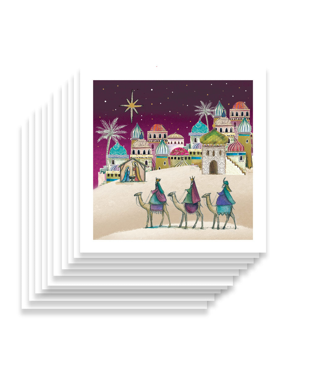 This Bethlehem scene features the 3 kings following the star, travelling to visit Mary, Joseph and baby Jesus in a manger.  The star has been created with shiny gold foil to add a some shine!  This pack of 10 cards are made in the UK from FSC certified paper