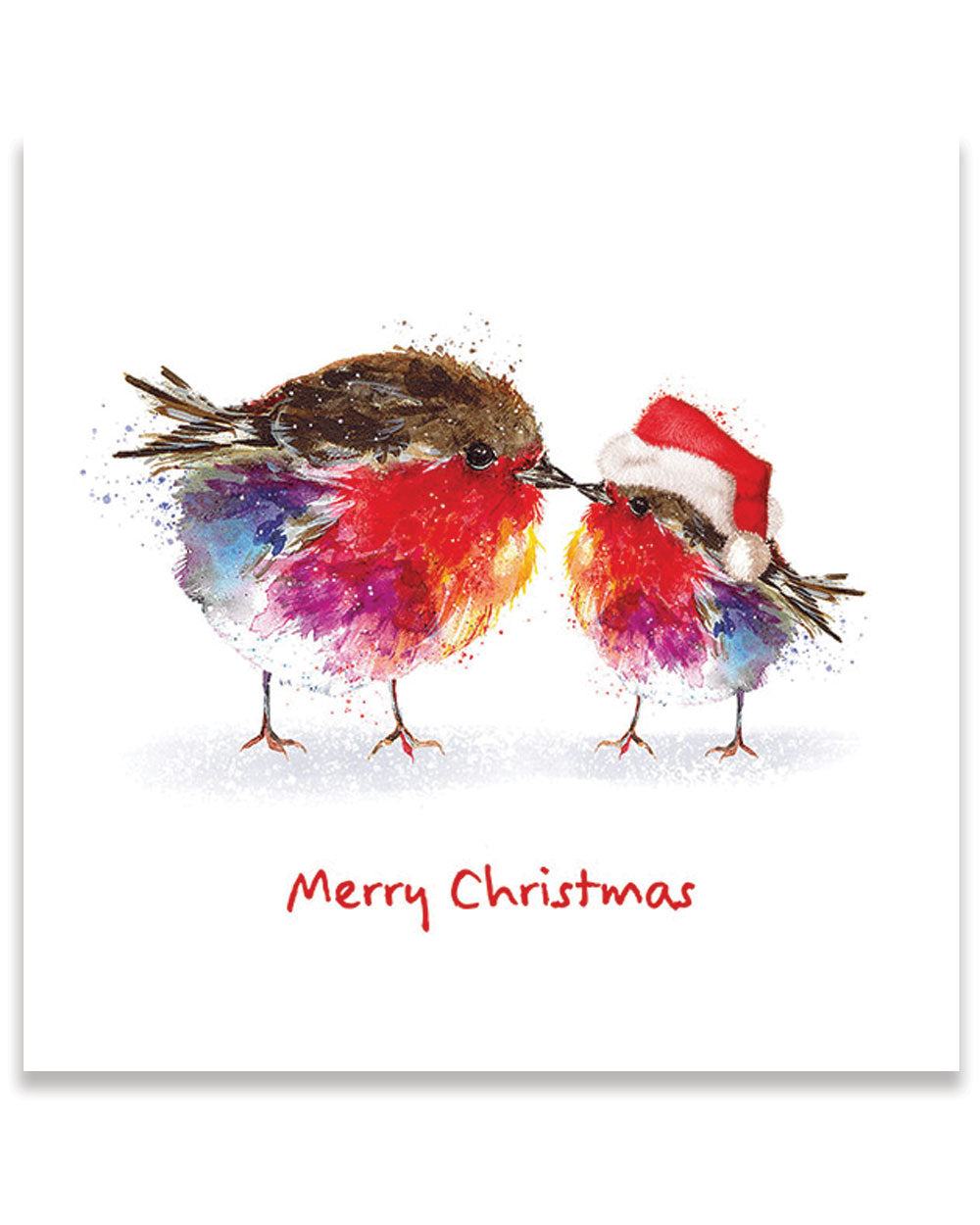 Introducing our enchanting pack of 10 charity Christmas cards, designed to bring a smile to your face and warmth to your heart. These cards feature an endearing duo: a pair of fluffy red-breasted Robins, one of them a sweet baby wearing a festive Christmas hat. Their charm is perfectly complemented by the heartfelt message "Merry Christmas" in a joyful shade of red printed  on the front of each card.