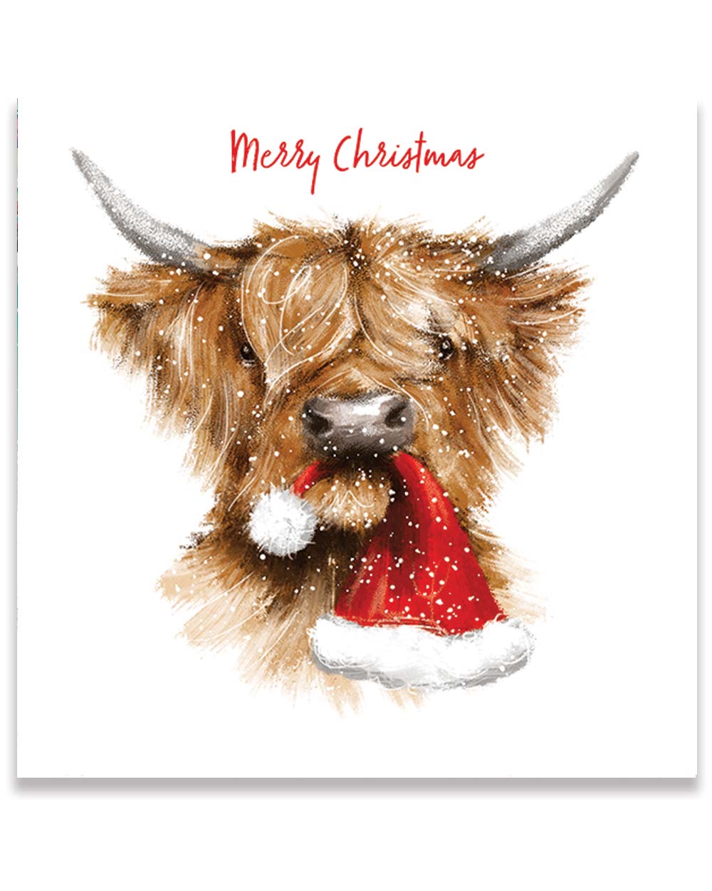 Crafted from FSC certified paper and card and made using environmentally friendly vegetable ink. Making them 100% recyclable.  Each card presents a heartwarming and modern scene: a Highland cow playfully holding a Christmas hat in its mouth, exuding both charm and holiday cheer. The front is adorned with the timeless message "Merry Christmas" in festive red, conveying warm wishes to your loved one