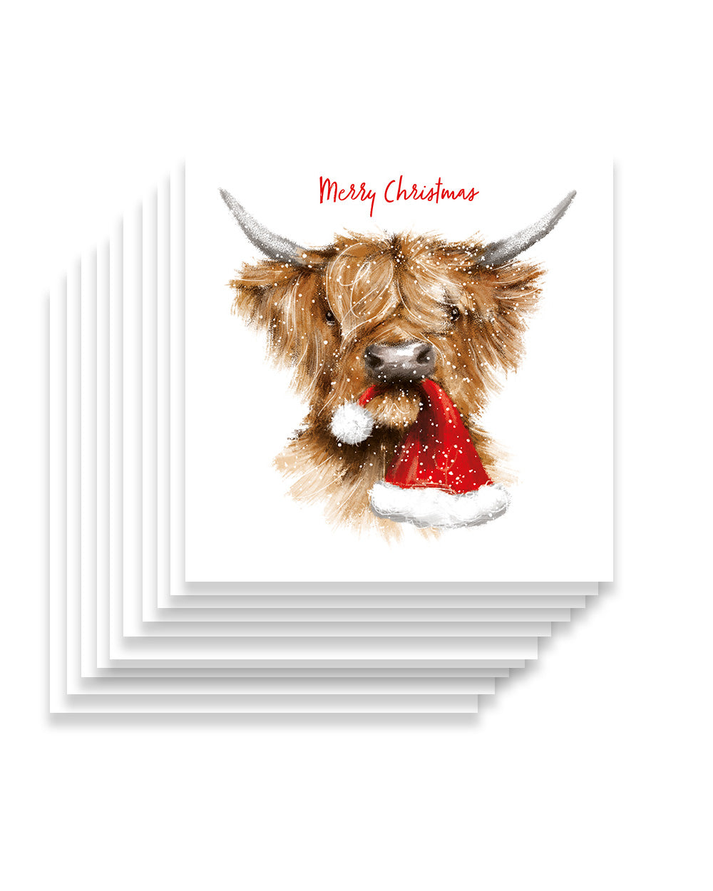 Crafted from FSC certified paper and card and made using environmentally friendly vegetable ink. Making them 100% recyclable.  Each card presents a heartwarming and modern scene: a Highland cow playfully holding a Christmas hat in its mouth, exuding both charm and holiday cheer. The front is adorned with the timeless message "Merry Christmas" in festive red, conveying warm wishes to your loved one