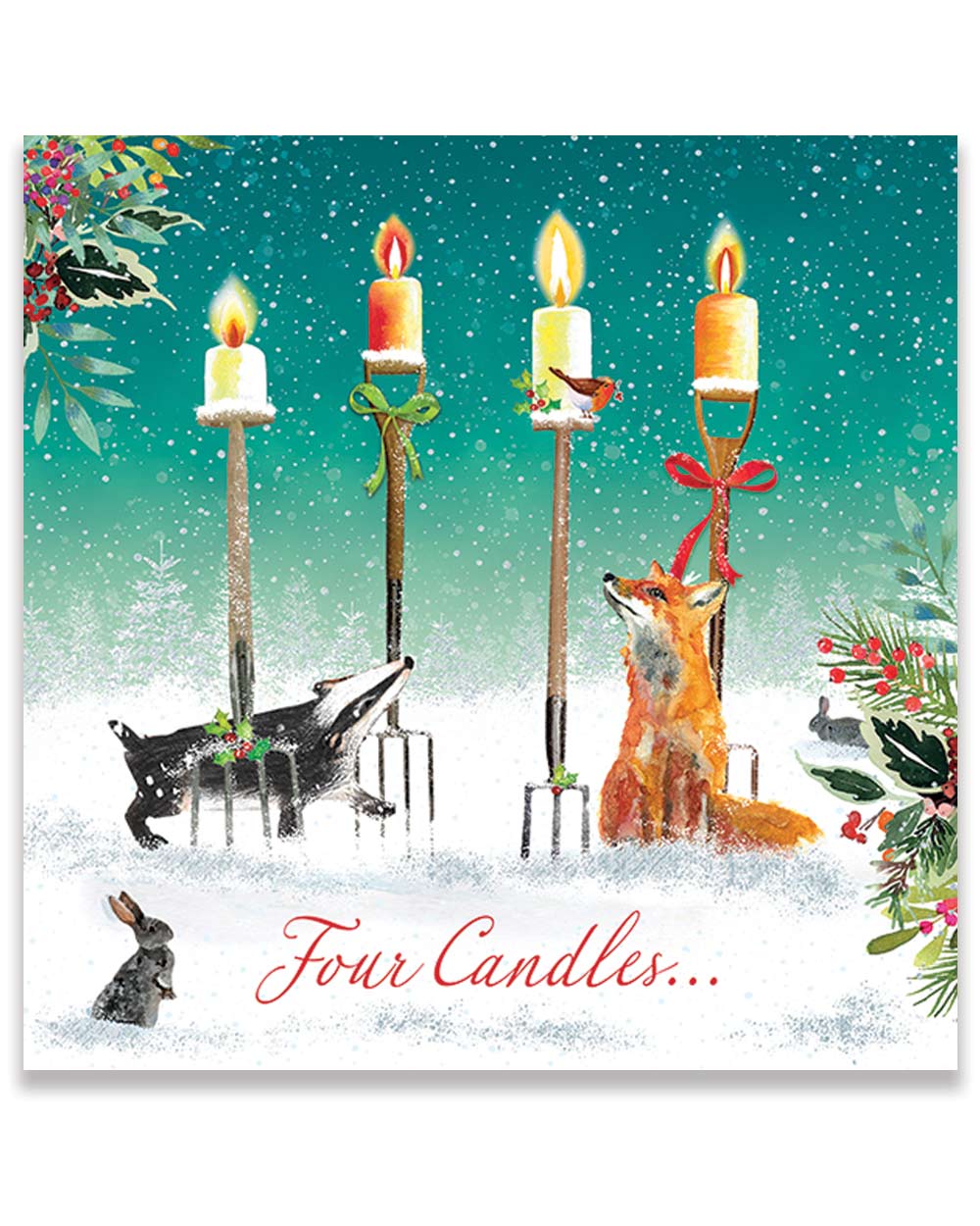 Made in the UK from FSC certified paper and card making them 100% recyclable, even the packaging they come in is recyclable! Created using environmentally friendly vegetable inks and coatings on our cards are water based.  These Christmas cards feature a gorgeous wintery scene with cute woodland creatures and the four candles.