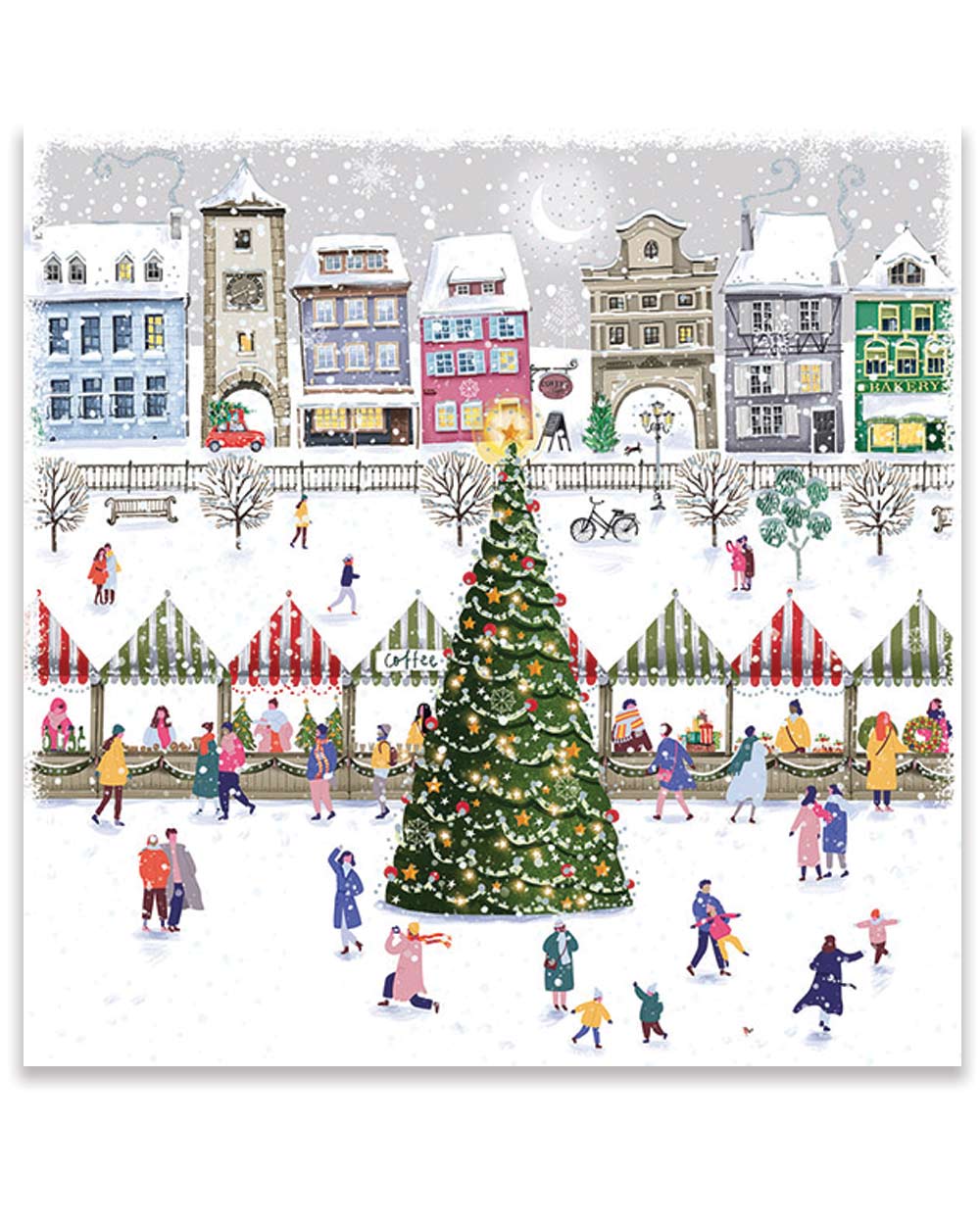 Made in the UK from FSC certified paper and card. The ink has been created from environmentally friendly vegetable inks and all coatings on the cards are water based. Making them 100% recyclable, these cards are definitely on the good list this year.  Adorned with a wintery market scene, with snowball fights around the town hall Christmas tree. 