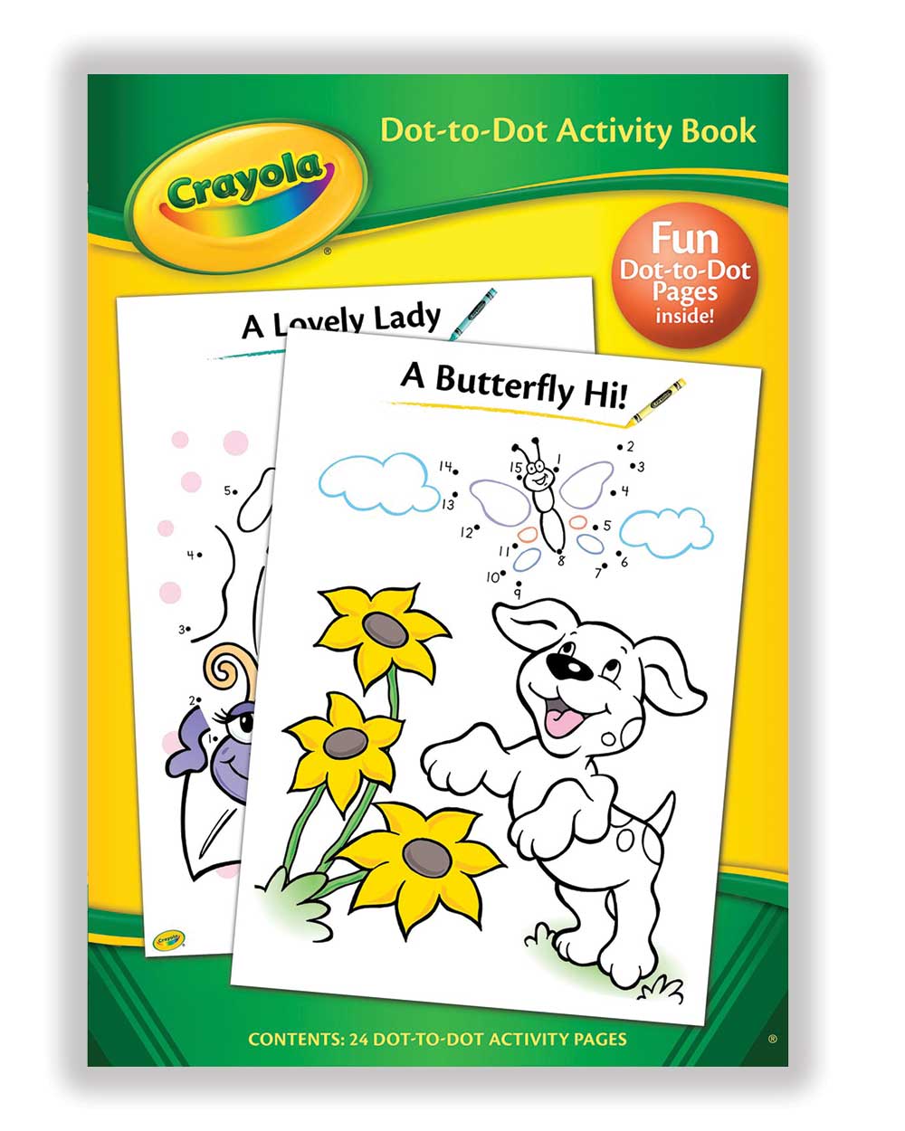 dot to dot activity book kids crayola colouring book front cover on a white back ground