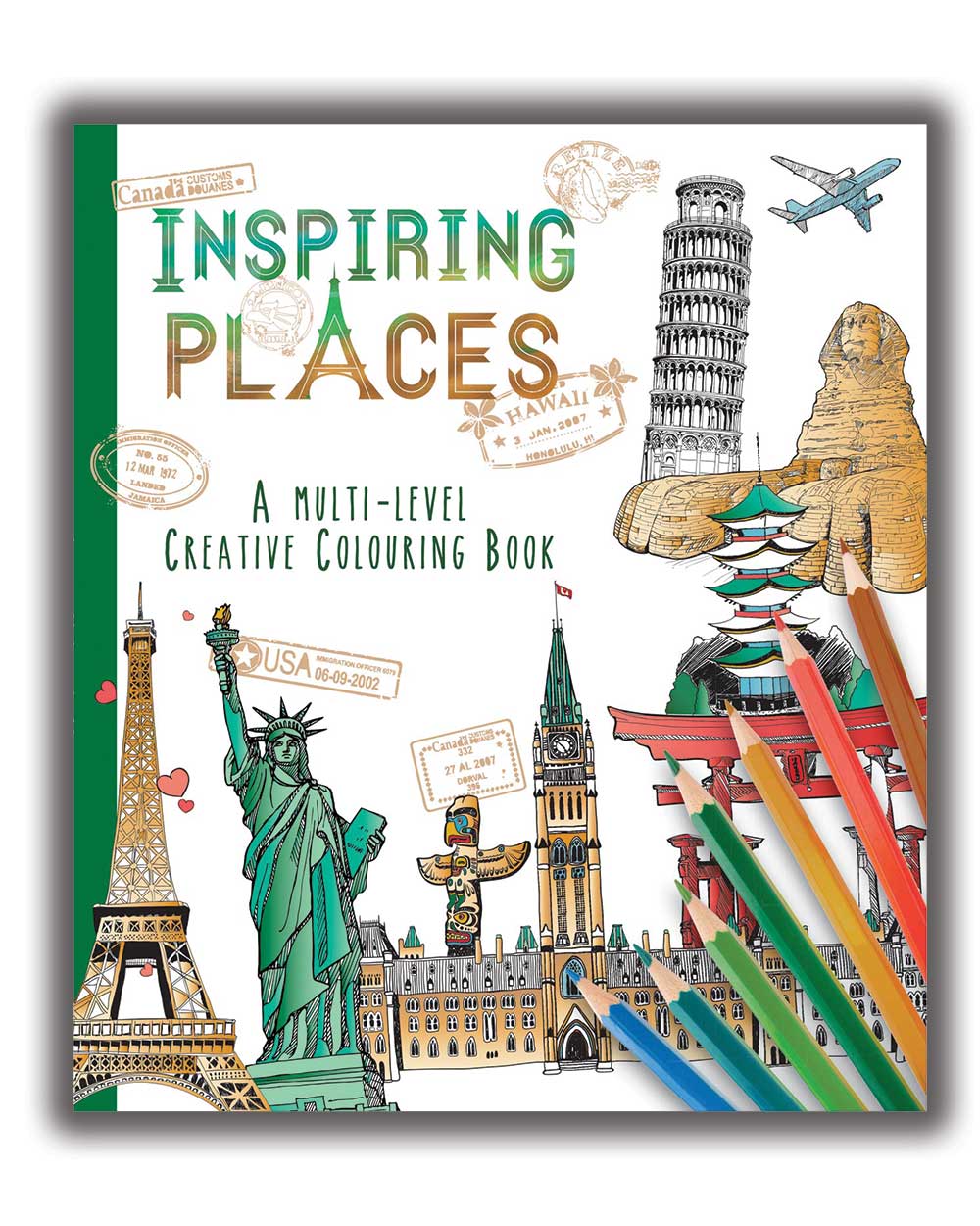 inspiring places colouring book all levels adult kids front page on a white background