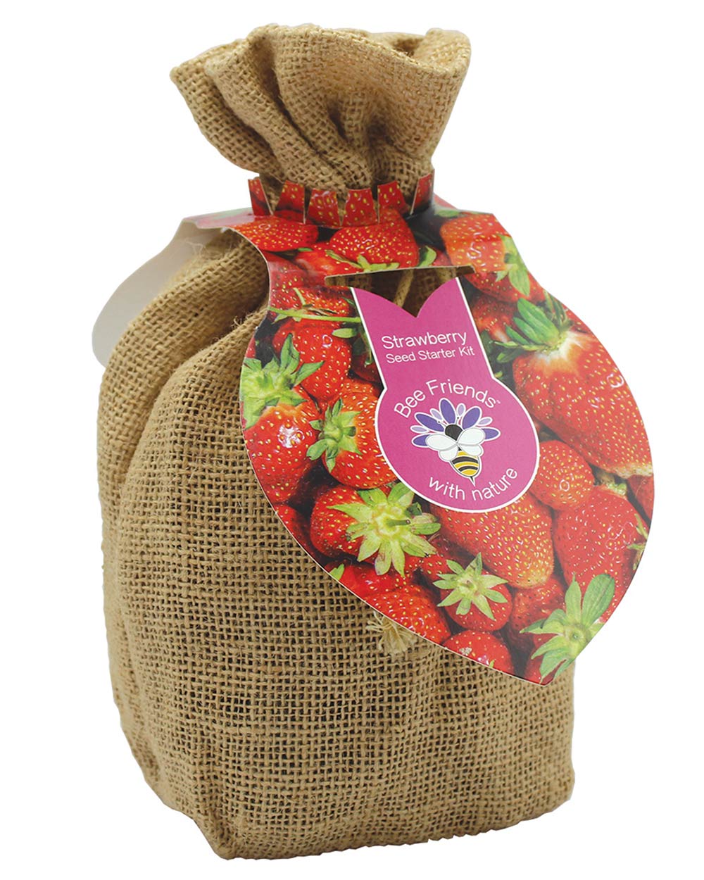 Strawberry starter kit displayed in a jute bag on a white background