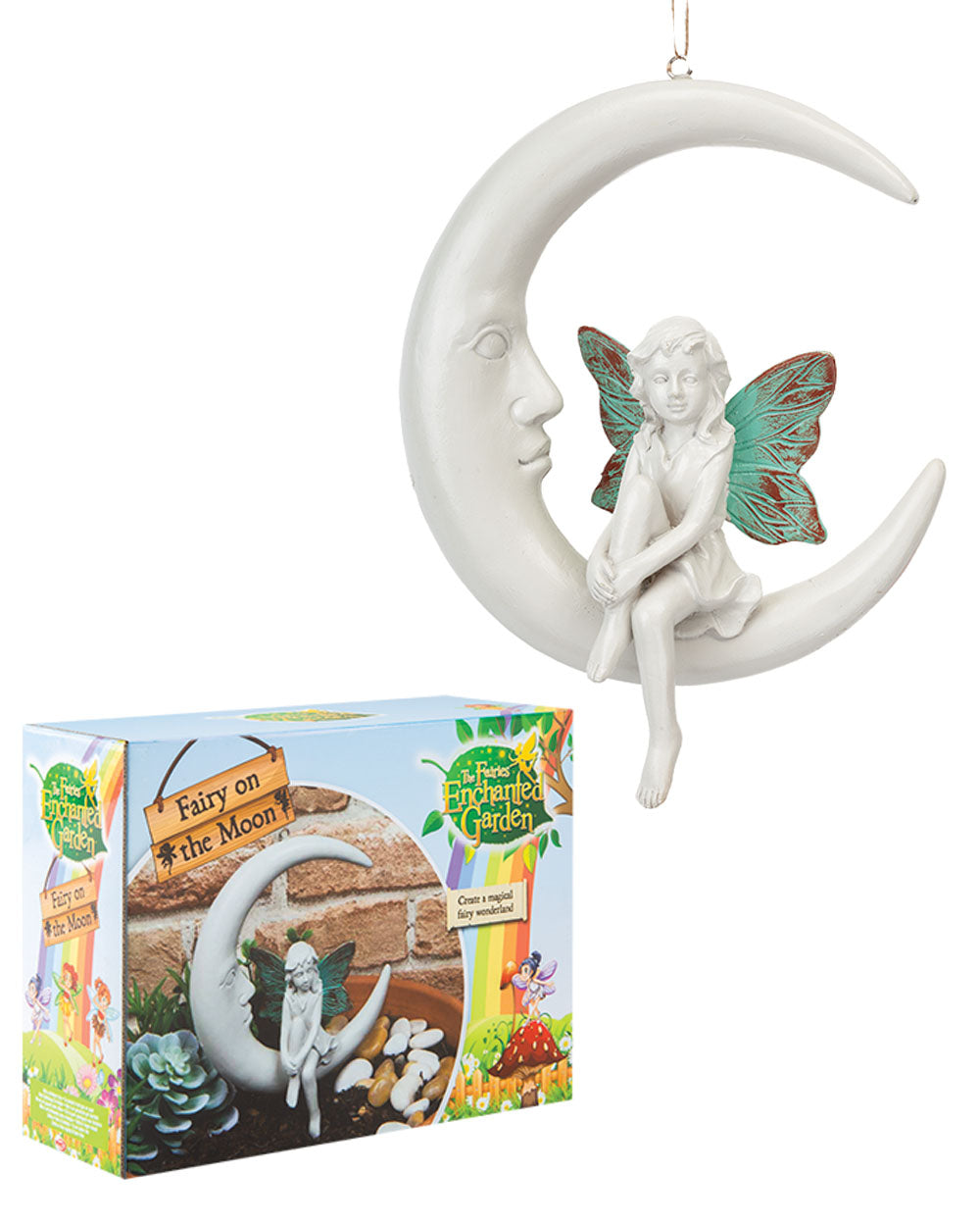 Fairy sitting on a moon with colourful wings, hanging garden ornament displayed on a white background featured with its box