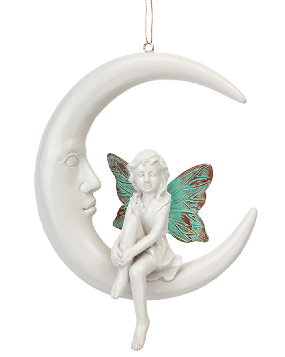 Fairy sitting on a moon with colourful wings, hanging garden ornament displayed on a white background
