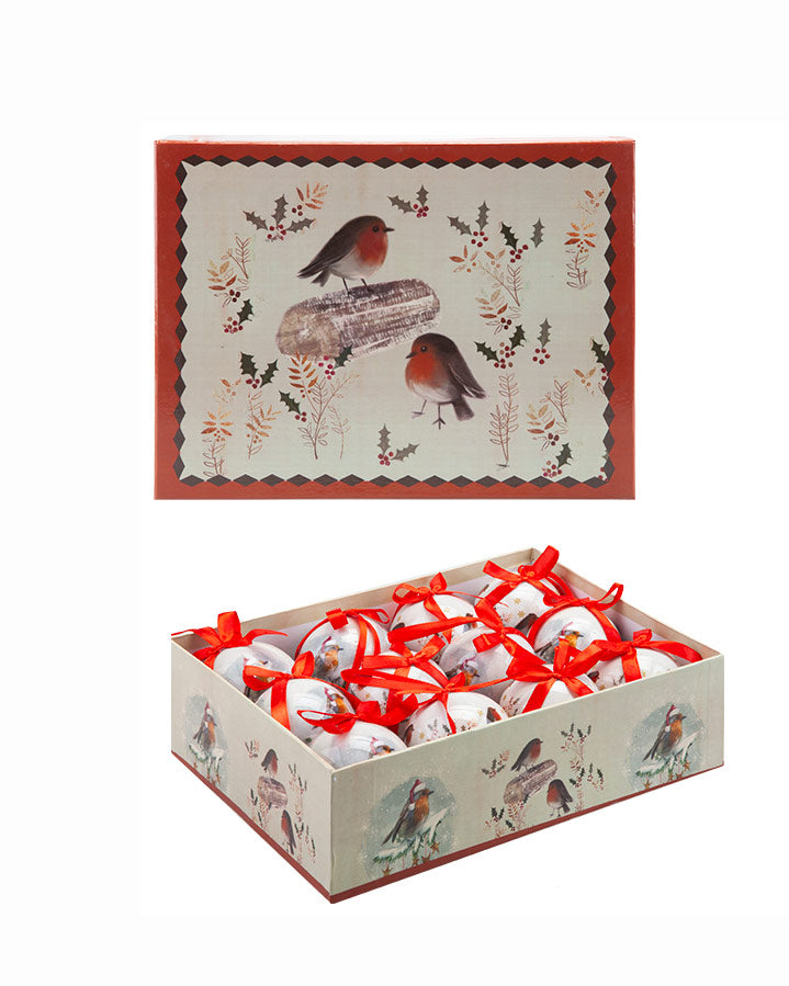 12PC Christmas Bauble Set Gift Boxed Red Robin