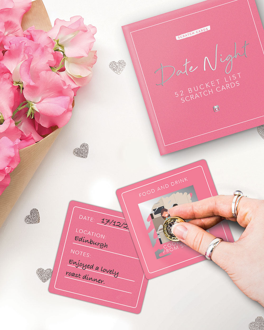 Date Night Bucket List Scratch Cards Gift lifestyle image of the card being scratched