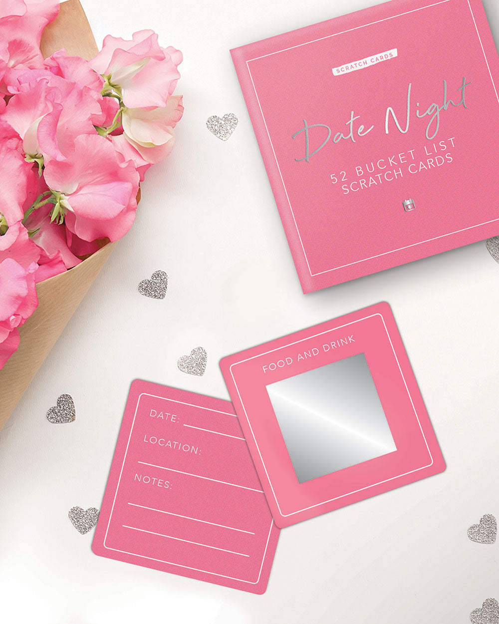 Date Night Bucket List Scratch Cards Gift contents with some flowers