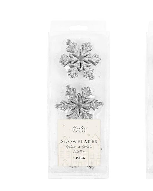 Christmas Tree Decorations Silver Glitter Snowflakes 9 pack