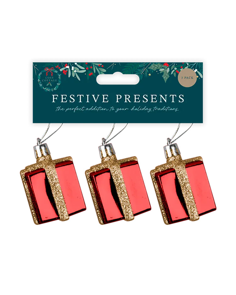 Christmas Present Hanging Decoration Red 3 Pack
