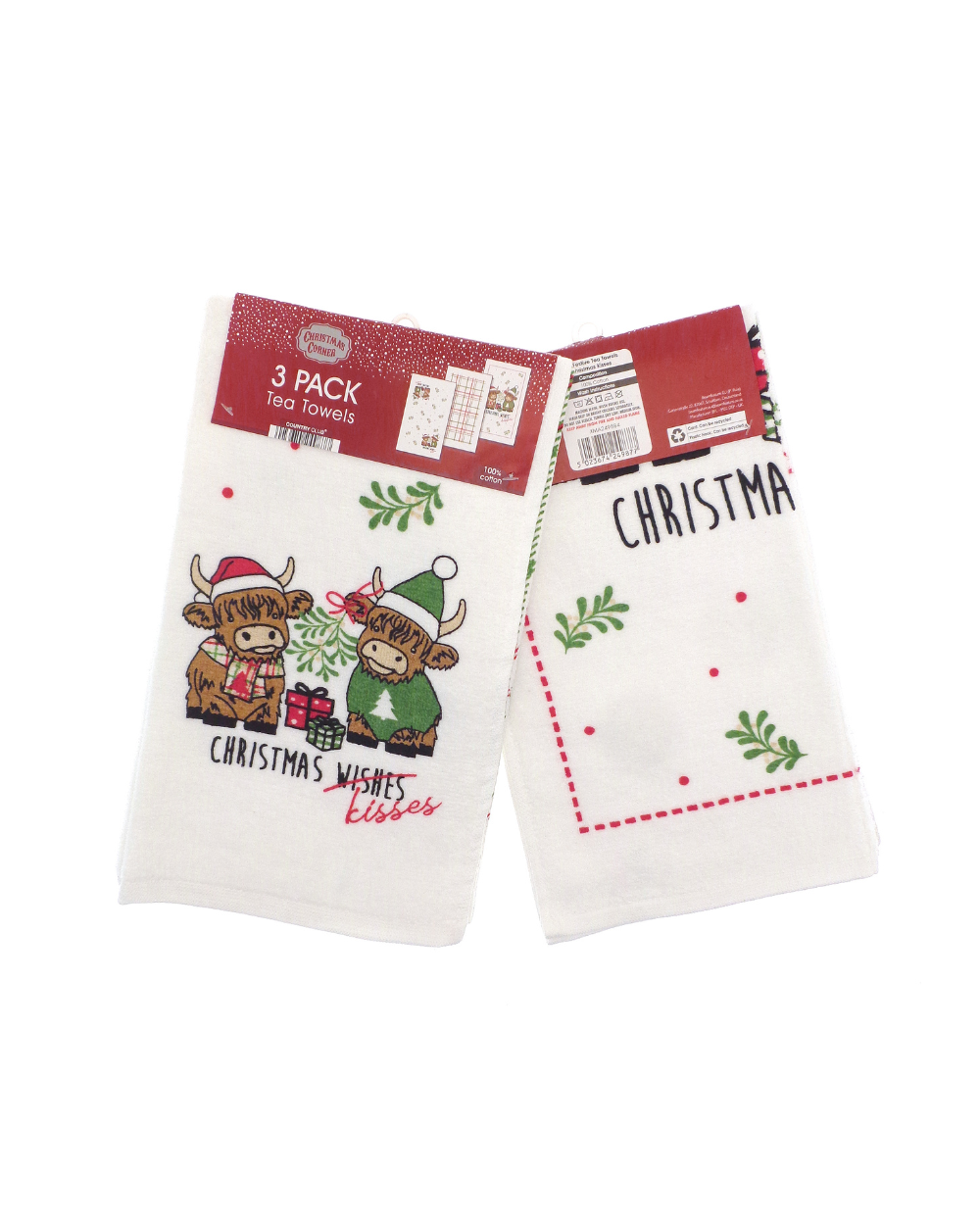 Christmas Kisses Highland Cow Kitchen Tea Towel 3 Pack