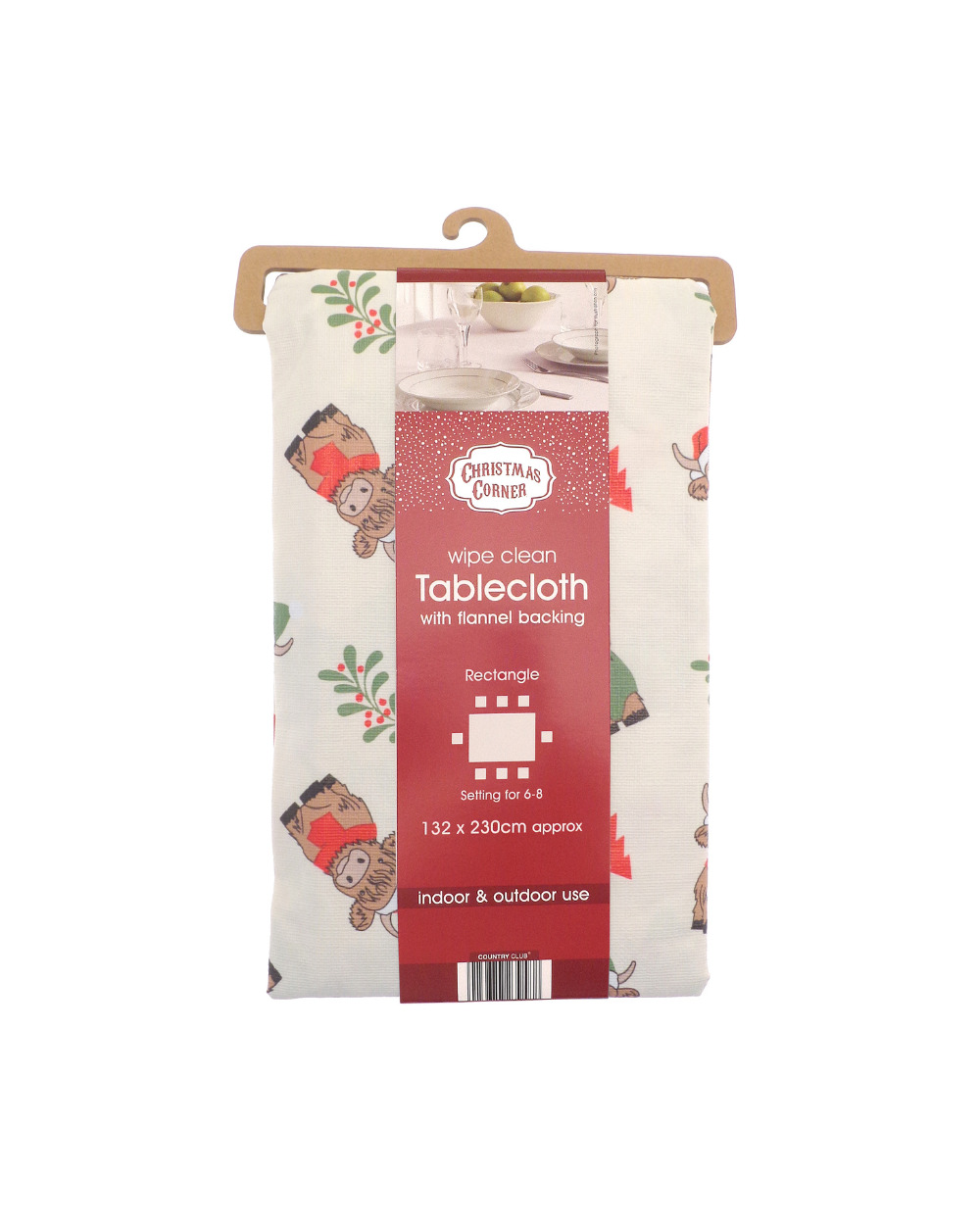 Christmas Kisses Wipeable Table Cloth 132 x 178cm Highland Cow
