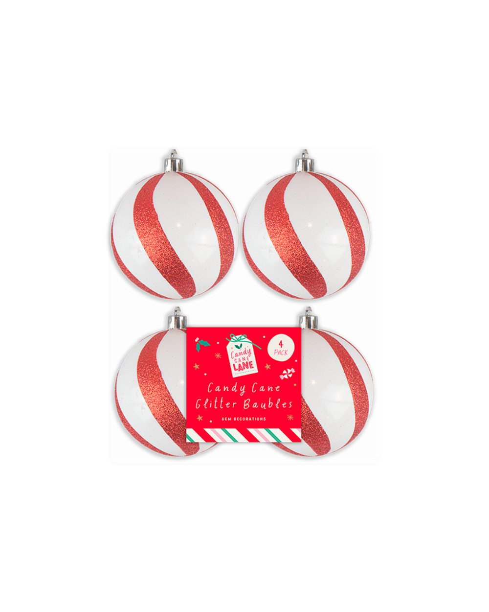 Candy Cane Glitter Baubles 4pk