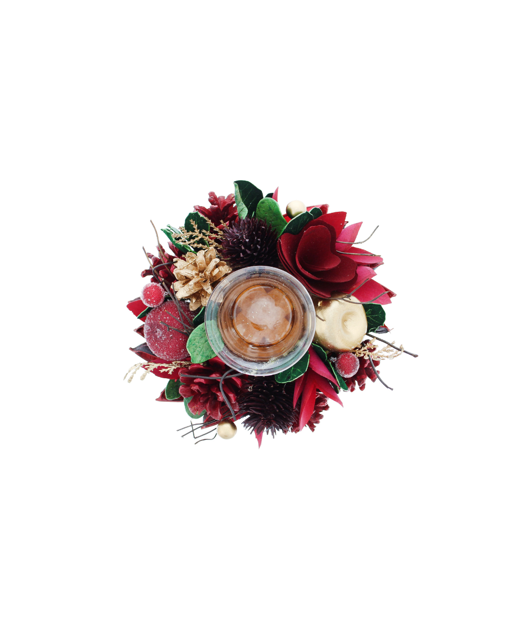 Pine Cone Candle Holder Wreath Red & Gold