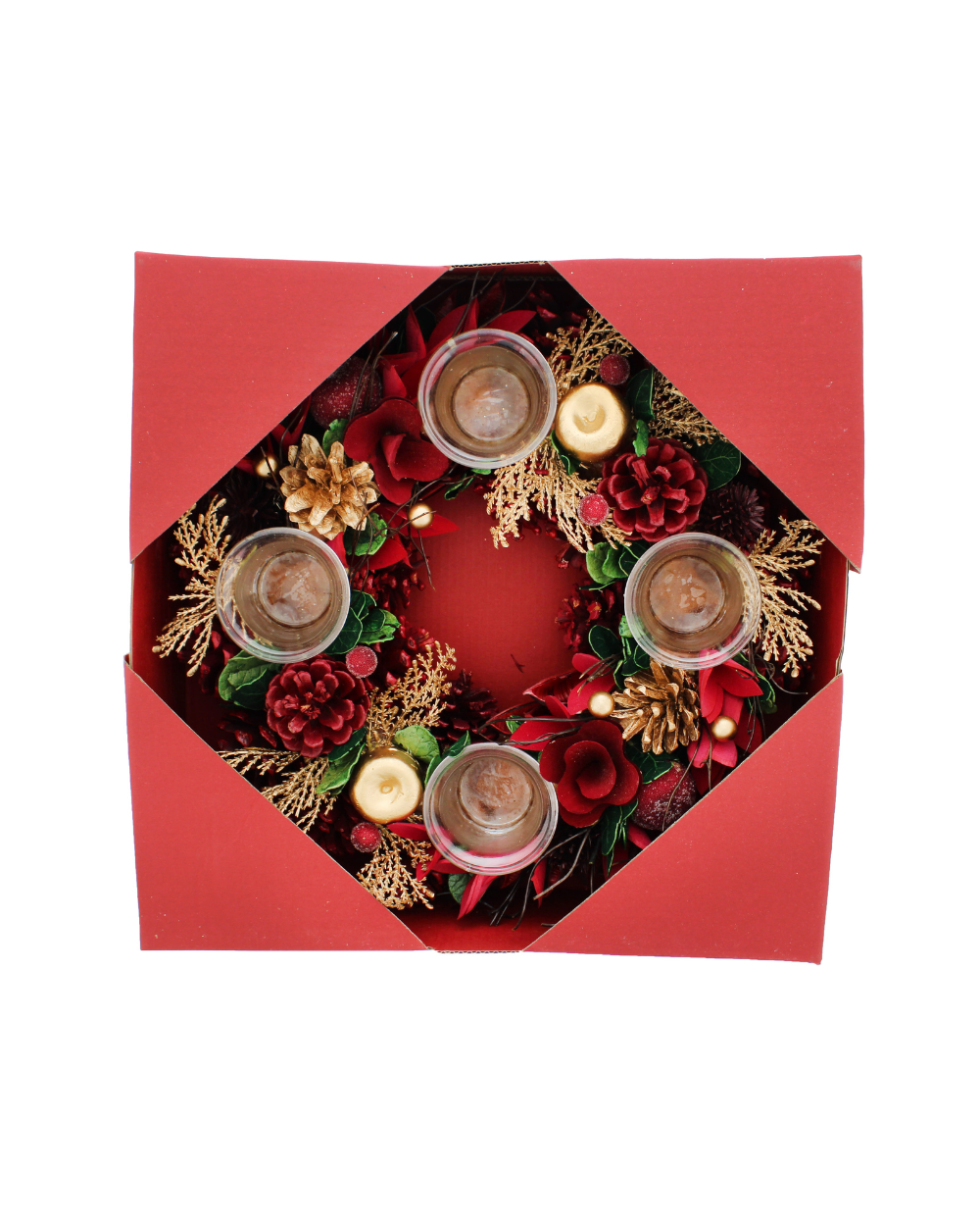 Pine Cone 4 Candle Holder Wreath Red & Gold