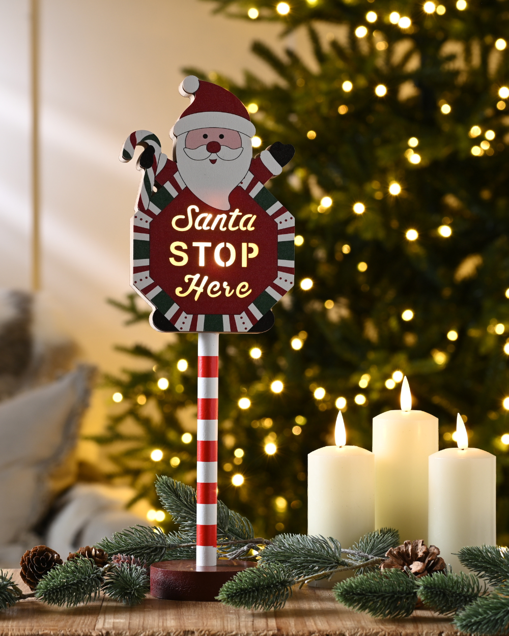 Santa Waving Stop Sign Lit 36cm