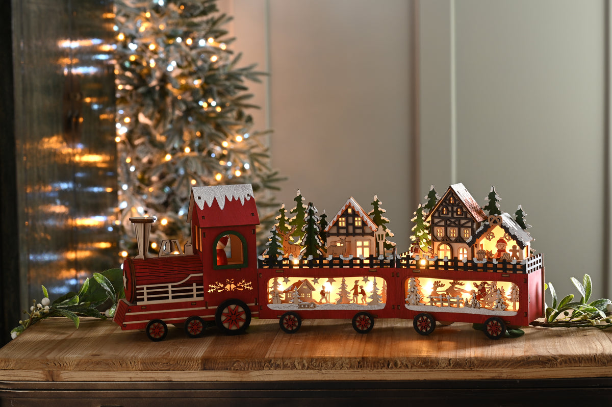 Christmas Wooden Train Scene Light Up 56cm